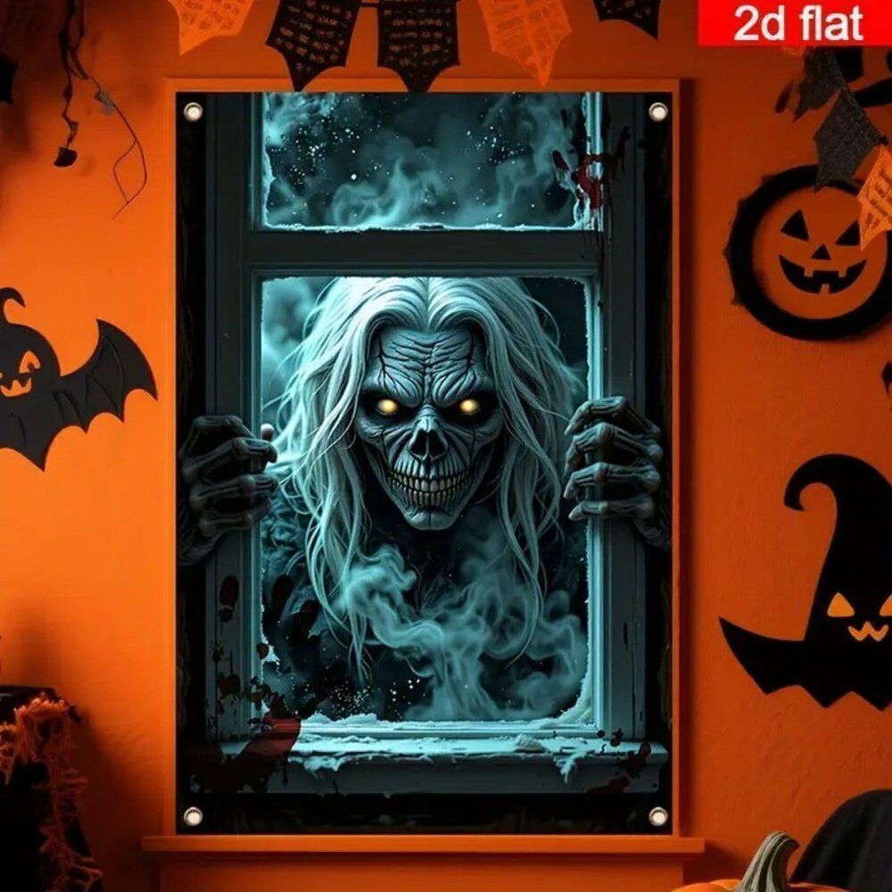 2D Flat Banner Polyester - Haunted Skeleton Window Climbing Spooky Night Scene